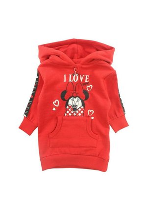 Haut à capuche rouge en coton, doté d'une poche avant, avec un graphisme d'un personnage avec un arc et le texte "J'AIME LES ARCS." Accent noir sur les manches.