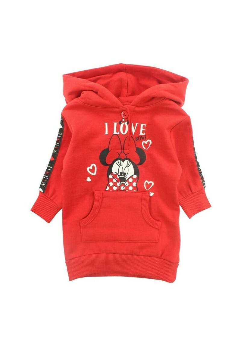 Röd hoodie i bomull, med en framficka, grafik av en karaktär med en pilbåge och texten "JAG ÄLSKAR PILBÅGAR." Svarta detaljer på ärmarna.