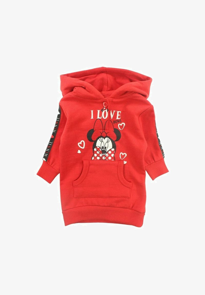 Haut à capuche rouge en coton, doté d'une poche avant, avec un graphisme d'un personnage avec un arc et le texte "J'AIME LES ARCS." Accent noir sur les manches.