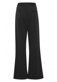 Pantalons noirs à jambes larges avec une texture lisse, dotés d'une taille plate, de deux poches arrière et d'une coupe décontractée.
