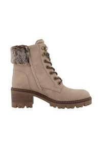 Bottine en faux daim beige avec col en fausse fourrure, fermeture éclaire latérale, oeillets en métal et lacets, dotée d'un épais talon en bois et d'une semelle robuste.