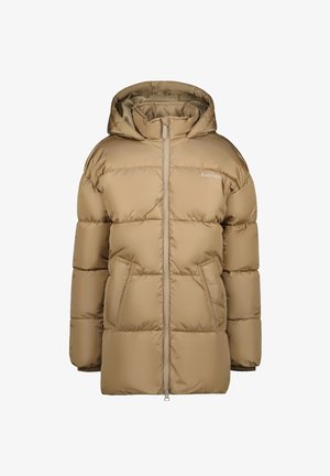 Beżowa pikowana kurtka z kapturem, zamkiem z przodu i dwoma bocznymi kieszeniami. Tkanina ma gładką fakturę i posiada przeszycia w formie paneli.