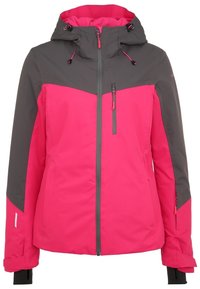 Giacca da sci rosa e grigia con zip frontale, cappuccio regolabile e tasche. Caratterizzata da pannelli a contrasto e un design elegante e funzionale.