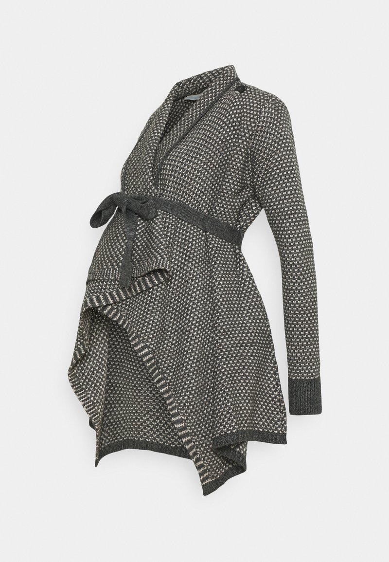 Cardigan de maternité tricoté gris foncé avec motif tacheté blanc, manches longues, col châle et ceinture nouée à la taille.