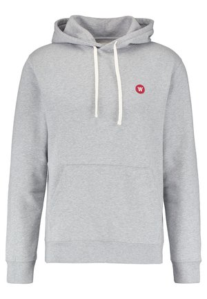 Grauer Hoodie aus einem Baumwoll-Mix, mit einer Fronttasche, verstellbarem Kordelzug-Kapuze und einem kleinen roten Logo auf der Brust.