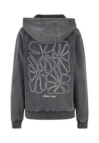 Szary sweatshirt z kapturem, z białym, kwiatowym wzorem na plecach oraz napisem "Nie martw się". Żebrowane mankiety i elastyczny pas.