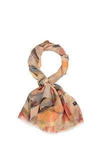 Let vilde, gennemskinnelige tørklæde med et blødt blomstermønster i varme nuancer af orange, pink og grå, med flossede kanter og et lille logomærke.