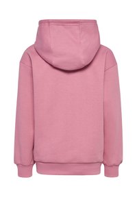Rosa hoodie med en mjuk textur, som har en stor, rund huva, nedhängande axlar och ribbede muddar och nederkant. Endast bakifrån.
