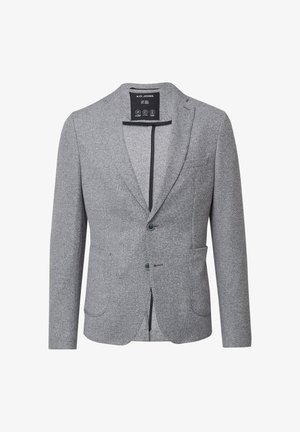 Gray herringbone blazer made from textured fabric. Features a notched collar, two buttons, and two front pockets. Lined interior visible.