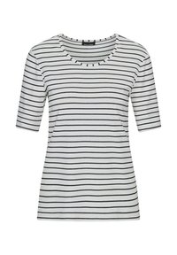 Weißes kurzärmliges Oberteil mit schwarzen horizontalen Streifen, ausgestattet mit einem runden Halsausschnitt und glatter Baumwolltextur. Keine sichtbaren Hardware-Elemente oder Akzente.