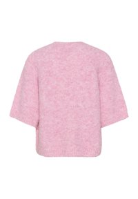Maglione a maniche corte in morbido e peloso materiale rosa, con una vestibilità rilassata, caratterizzato da una scollatura ampia e una sottile texture su tutta la superficie.