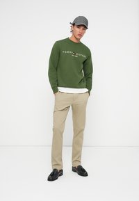 Young man wearing a gray cap, green Tommy Hilfiger sweatshirt, beige trousers, and black tassel loafers, standing against a white background.