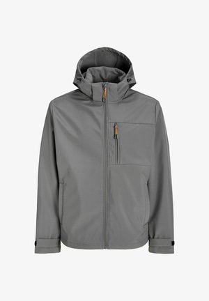 Szürke kapucnis dzseki, sima anyagból készült. Elülső zipzárral, mellzsebbel és állítható mandzsettákkal rendelkezik, fekete zárakkal.