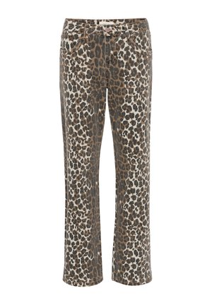 Leopardenmuster-Hosen aus weichem Stoff mit mittelhoher Taille, fünf Taschen und geradem Schnitt. Überwiegend beigefarben mit braunen Flecken.