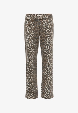 Puha anyagú leopárdmintás nadrág, közepes derékkal, öt zsebbel és egyenes lábszárral. Többnyire bézs színű, barna foltokkal.