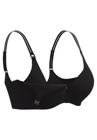 Svart behå med ribbat mönster, justerbara axelband och låsning. Har en slät yta och minimalistisk design.