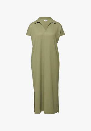 Knit olive green midi dress with short sleeves, collar, V-neck, and side slits, loose fit.