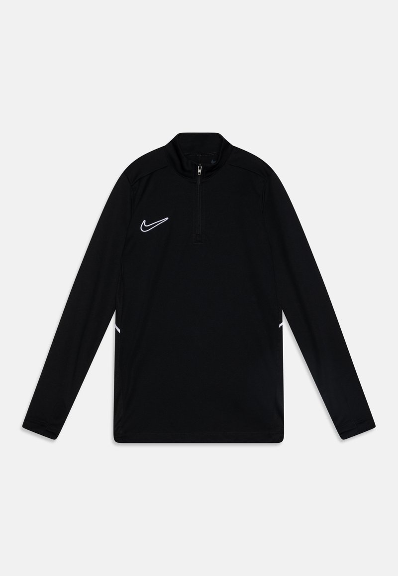 Black long-sleeve sports top with a half-zip collar, featuring a white Nike logo on the left chest and white accents on the sides.