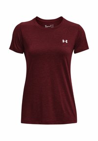 Bordeauxrød t-shirt med korte ærmer lavet af blødt stof med rund halsudskæring. Har et hvidt logo på venstre bryst. Glat tekstur, afslappet design.