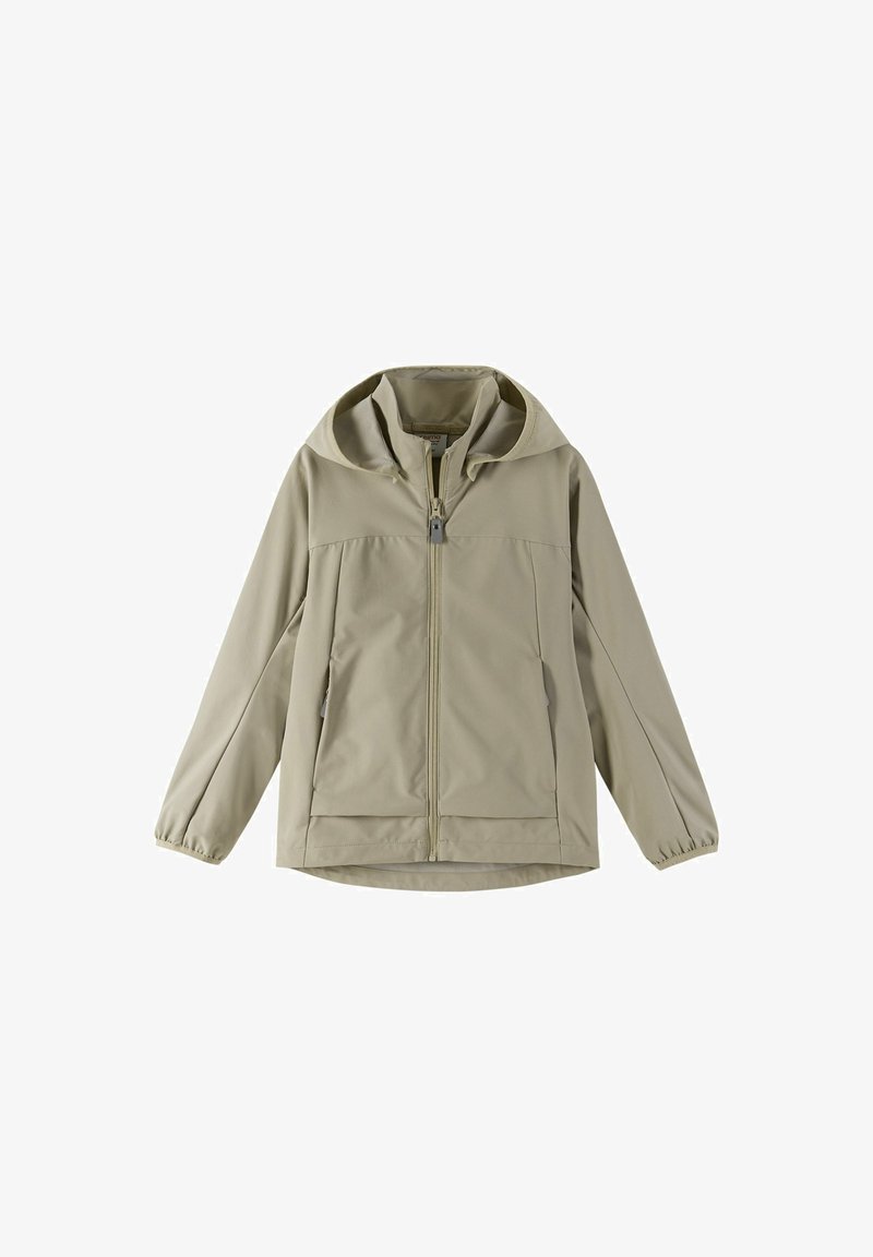 Light beige hooded jacket, made of smooth fabric. Features front zipper, two side pockets, and elastic cuffs. Simple, streamlined design.