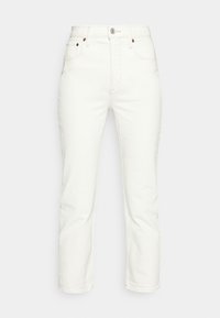 Pantaloni in denim bianco con design a gamba dritta, dotati di chiusura con bottone, cinque tasche e dettagli di cucitura delicati.