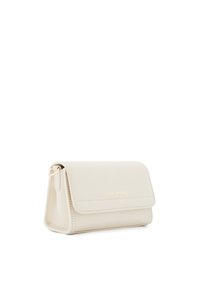 Beige leather wallet with a textured finish, fold-over flap, and gold logo on the front. Features a compact rectangular shape.