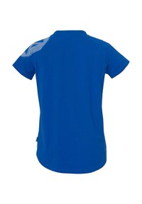 Blauw T-shirt met korte mouwen van gladde katoenstof. Heeft een gestructureerd meshpatroon op de bovenste schouder. Ronde halslijn.
