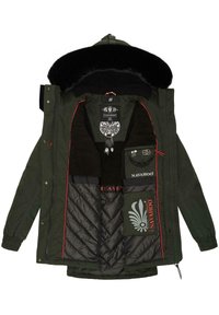 Green parka jacket with black faux fur hood, red accents, quilted interior, and multiple pockets featuring logos and patterns.
