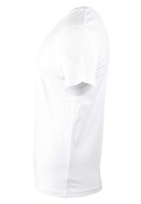 Biała bawełniana koszulka z krótkim rękawem, okrągłym dekoltem i prostym krojem. Gładka tekstura, bez widocznych wzorów czy akcentów.