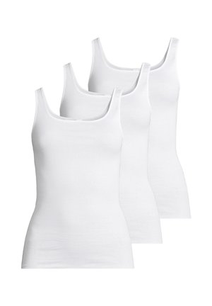 Three white sleeveless tank tops with square necklines, shown overlapping against a white background.
