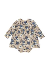 Šaty s dlouhým rukávem s květinovým vzorem v modré a krémové barvě na béžovém pozadí, s nařaseným pasem a připevněným spodním lemem. Materiál z bavlněné směsi.