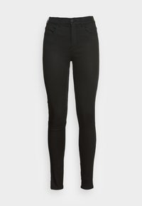 Svarta högmidjade skinny jeans med framknapp, blixtlås, bälteshällor och framfickor mot en vit bakgrund.