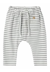 Pantaloni per neonato a righe grigie e bianche con vita elastica, coulisse e un pulsante di legno decorativo sulla tasca laterale.