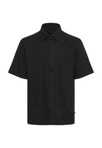 Chemise noire à manches courtes avec un motif texturé, fermeture à boutons et col traditionnel. Fabriquée en tissu doux pour le confort.
