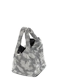 Zwarte en zilveren tas bedekt met strass, met twee stevige handvatten en een zachte stoffen binnenkant. Gelaagd en gestructureerd ontwerp.