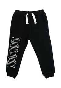 Zwarte joggingsbroek van een katoenmix, met een witte trekkoord en "LONDEN" in vetgedrukte witte letters verticaal gedrukt op het linkerpoot.