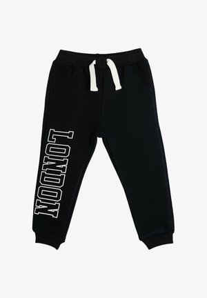 Zwarte joggingsbroek van een katoenmix, met een witte trekkoord en "LONDEN" in vetgedrukte witte letters verticaal gedrukt op het linkerpoot.