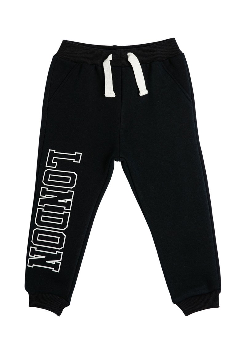 Zwarte joggingsbroek van een katoenmix, met een witte trekkoord en "LONDEN" in vetgedrukte witte letters verticaal gedrukt op het linkerpoot.
