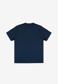 Granatowa bawełniana koszulka z krótkim rękawem, okrągłym dekoltem i luźnym krojem. Gładka tekstura bez widocznych wzorów lub akcentów.