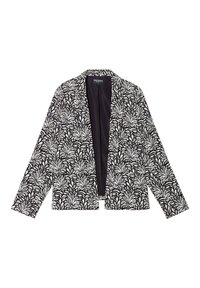 Czarna i biała blazer w nadruk botaniczny, lekki materiał, otwarty fason, długie rękawy, z motywem liści na całej powierzchni.