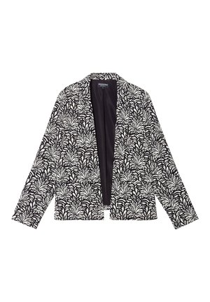 Blazer botanico in bianco e nero, in tessuto leggero, con design aperto, maniche lunghe, caratterizzato da un motivo a foglia su tutta la superficie.
