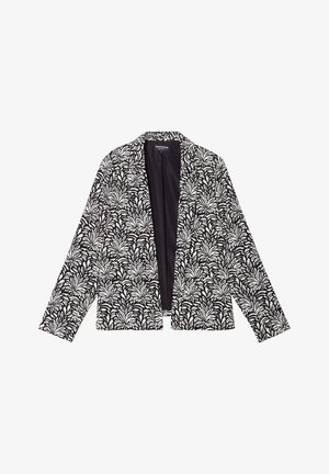 Zwart-witte botanische print blazer, lichtgewicht stof, open voorkant ontwerp, lange mouwen, met een bladenpatroon door het geheel.