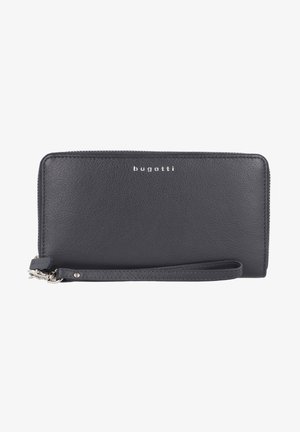 Black leather wallet with a textured surface, featuring a silver logo and a wrist strap, secured with a zipper along the top edge.