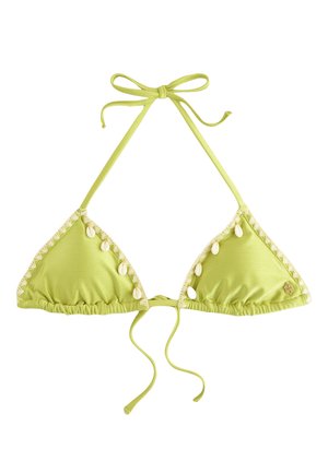 Heleroheline kolmnurkse lõikega bikiiniülaosa kogutud servade, kestakaunistuste ja tekstuurse äärisega. Kaela ja selja taga nöörkinnitustega reguleeritav istuvus.