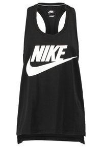 Černý bezrukávový sportovní top vyrobený z hladké tkaniny; obsahuje velké bílé logo Nike a zaoblený výstřih.