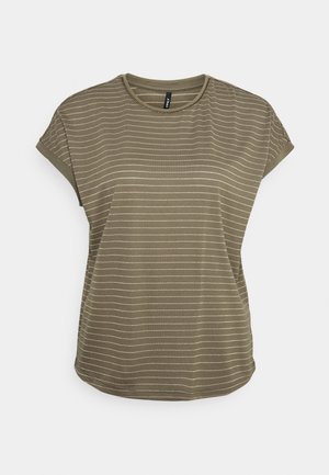 Camiseta de manga corta verde oliva con rayas blancas horizontales, cuello redondo y corte relajado. Fabricada con una tela suave y ligera.