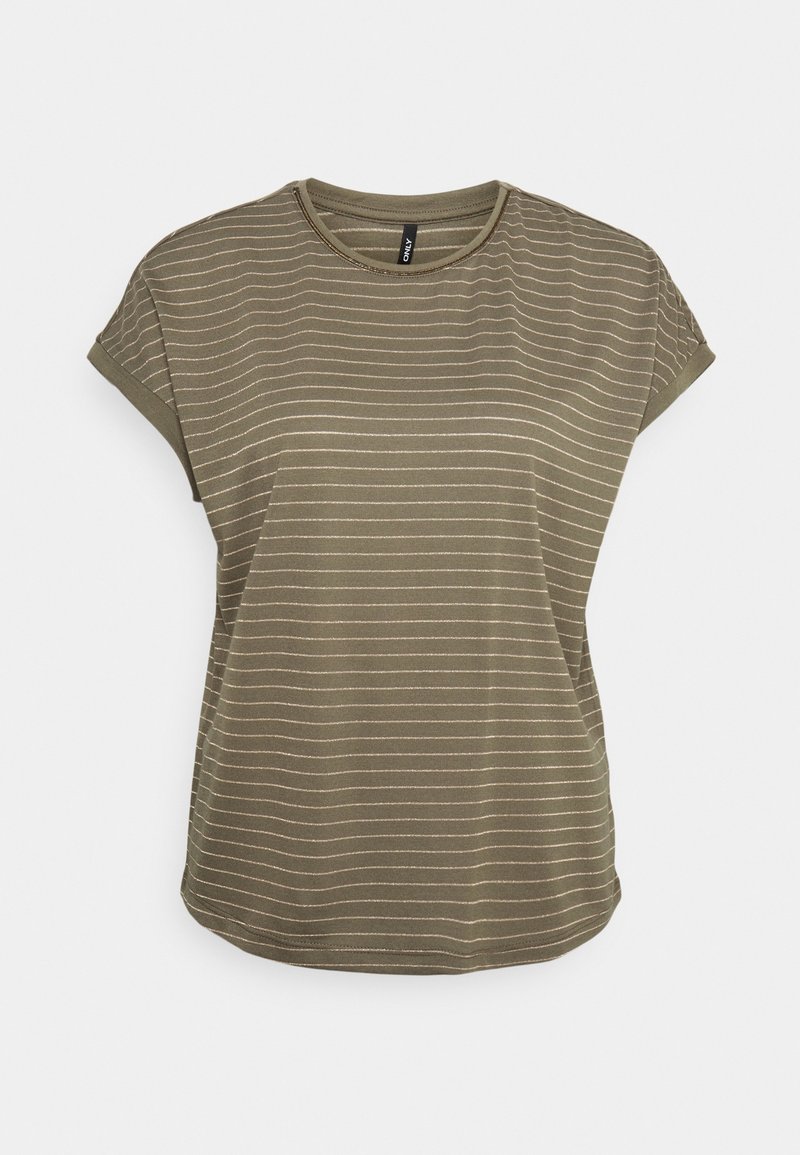 T-shirt olive vert à manches courtes avec des rayures blanches horizontales, col rond et coupe décontractée. Fait en tissu doux et léger.