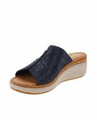 Sandali con zeppa aperta blu navy, con tomaia testurizzata, suola in sughero e una piattaforma di colore chiaro. Presentano un dettaglio a cucitura sulla parte anteriore.