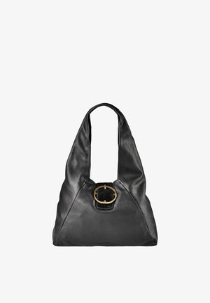 Zwarte leren handtas met brede handvatten, een driehoekige vorm en een grote gouden ovale gesp aan de voorkant in het midden.