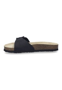 Sandalia deslizante negra con una parte superior texturizada, mediasuela de corcho y suela de goma. El diseño presenta una sola correa que atraviesa el pie y un estilo minimalista.